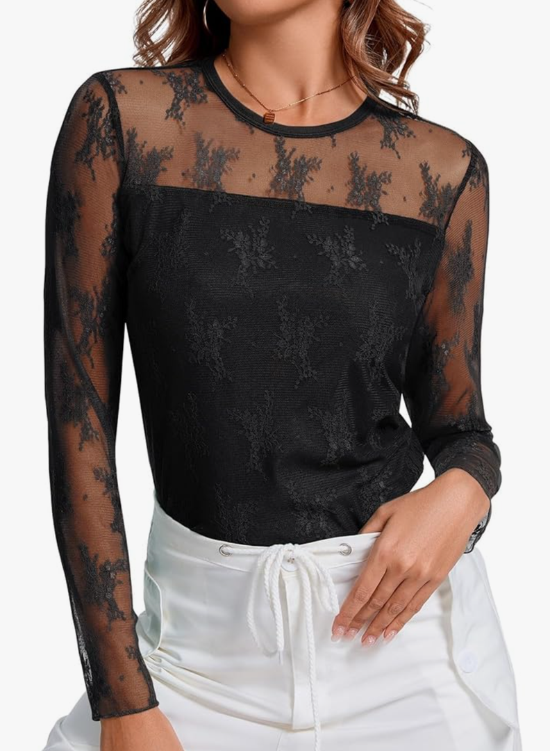 AKEWEI Womens Sexy Sheer Mesh Long Sleeve Tops Crew Neck Double Layered Tee Shirts Going Out Party Club Night Lace Blouse M