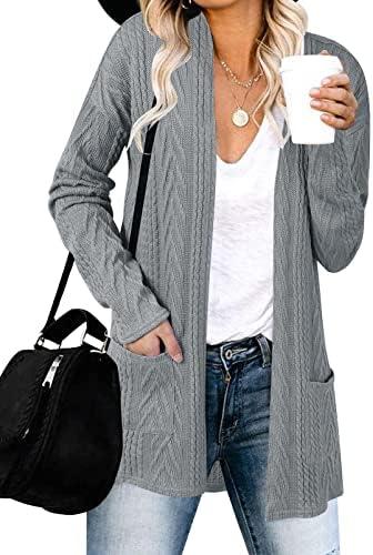 MEROKEETY Women's Casual Long Sleeve Open Front Cable Knit Cardigans Lightweight Solid Color with Pockets Size S