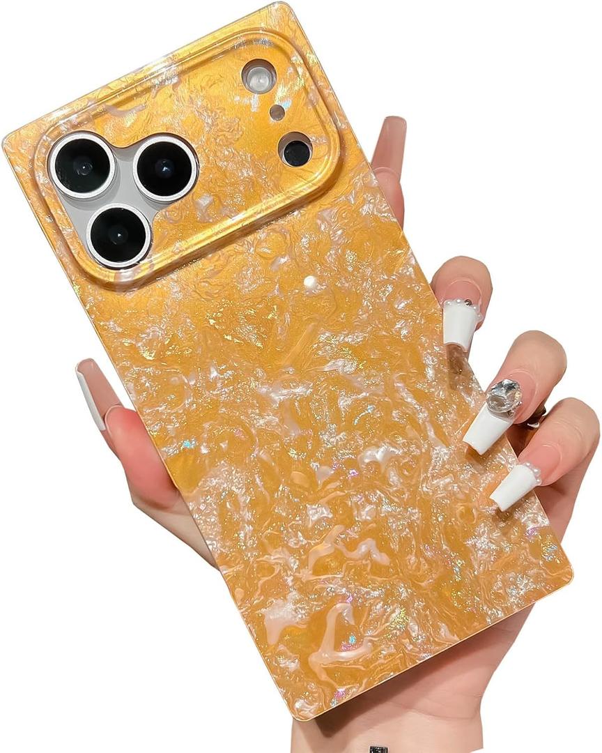 Elegent Pearl with Glitter Powder Compatible with iPhone Rectangle Edge Case, Slim Soft TPU Silicone Protective Bumper Cases Cover(Gold,17 Pro Max)