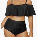 Daci Women Plus Size Bikini Sets High Waisted Ruffle Tummy Control Two Piece Swimsuit Off Shoulder Lace up Bathing Suit XXL Black