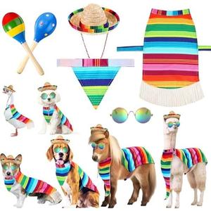 Abbylike 5 Pcs Mexican Dog Miniature Horse Alpaca Yard Goose Costume Set Include Rainbow Poncho Sombrero Hat Pet Sunglasses Maracas for Cinco De Mayo, Day of The Dead, Mexican Theme Party(Large) Pack of 2