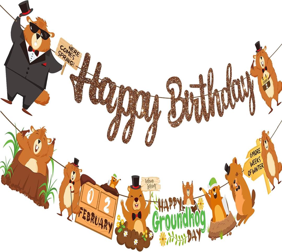 Groundhog Day Birthday Party Banners Happy Groundhog Day Decoration Groundhog Theme Party Banner Animals Peeking Out Hole Birthday Party Decor for February 2nd Holidays Baby Shower Supplies
