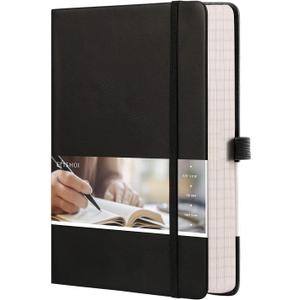 EMSHOI Graph Paper Notebook - 256 Pages A5 Graph Notebook/Journal, Hard Cover, 120gsm Thick Paper, Smooth PU Leather, Inner Pocket, 5.75''  8.38''-Black