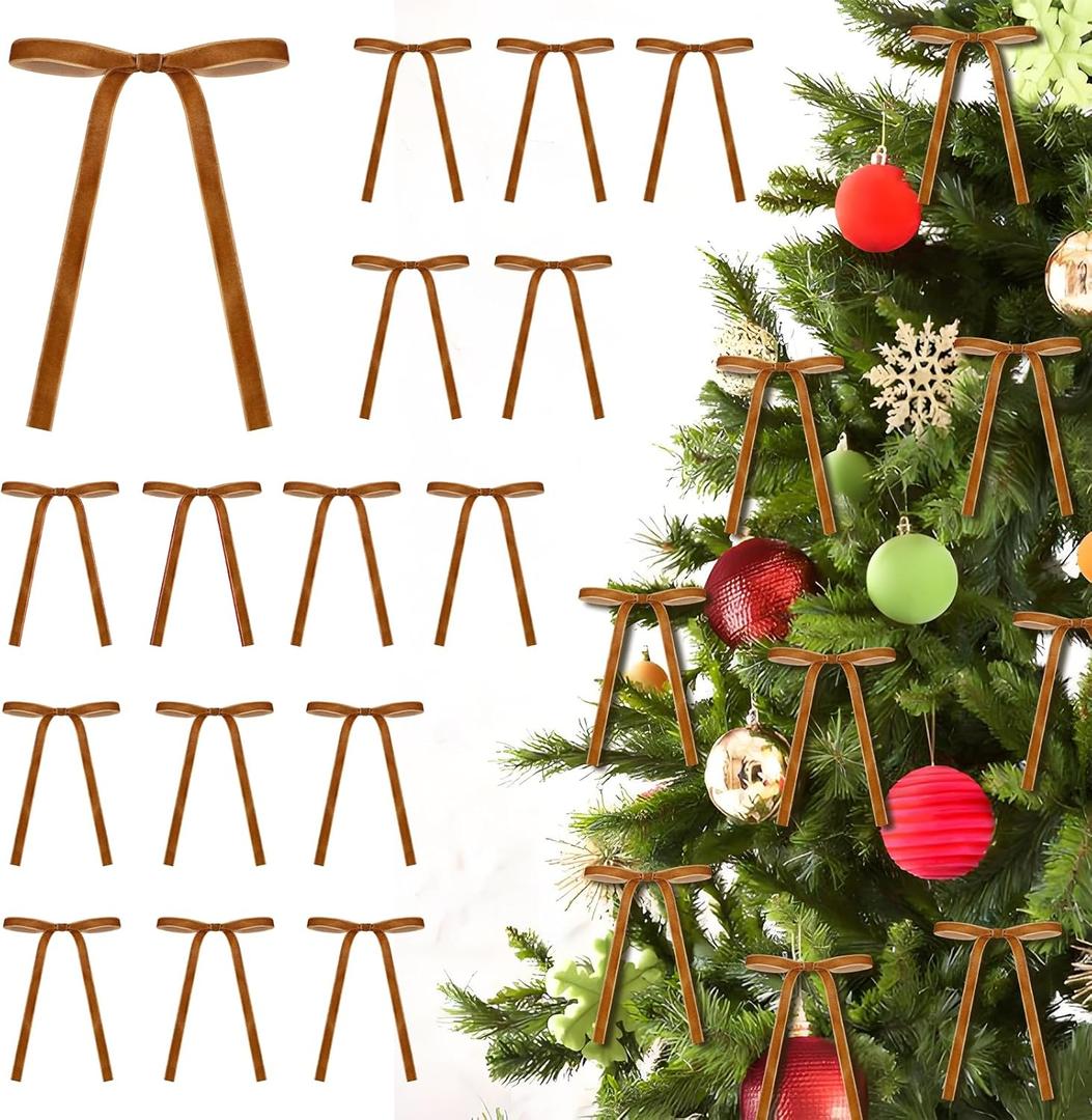 30 Pcs Khaki Velvet Bows for Christmas Tree, 5x7 Inch Bow Ornaments Christmas Tree Pre-Tied Vintage Xmas Bows for Wreath Gift Home Dcor, Velvet Ribbon Bow for Garland (3/8")