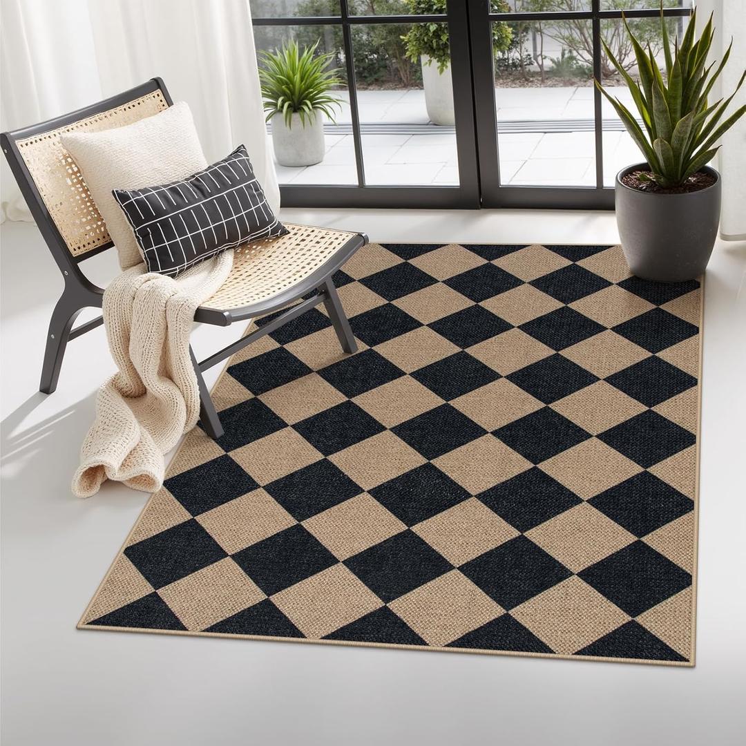 Lahome Checkered Easy Jute Entry Rug, 3x5 Black Outdoor Patio Rug for Living Room Farmhouse Neutral Carpet, Washable Non Slip Indoor Door Mat Diamond Carpet for Front Door Deck Camping (Nature and Black/Checkerboard -2)