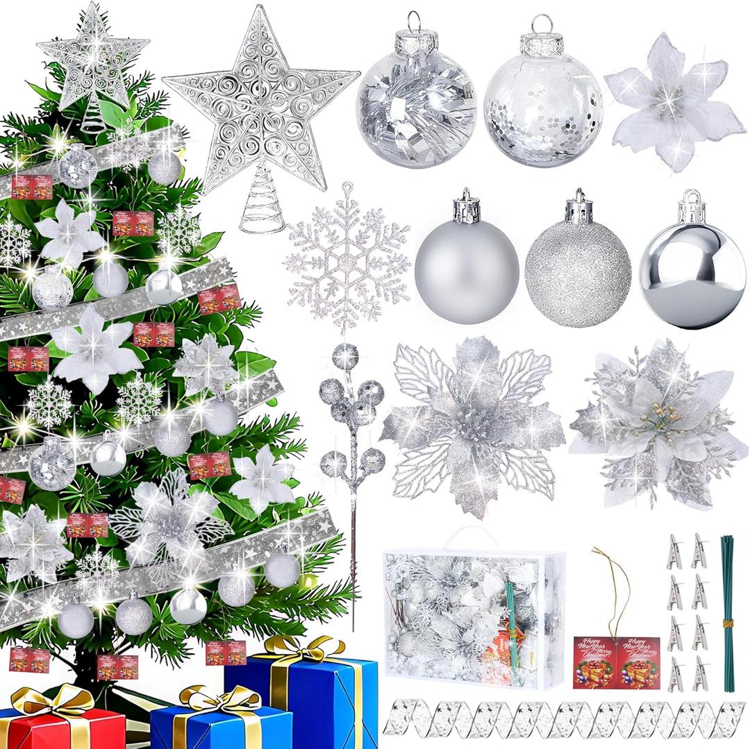 76Pcs Christmas Tree Decorations Set, Silver Hanging Ornaments w/Bulk Shatterproof Plastic Balls, Artificial Poinsettia Flowers, Glitter Berries Stems for Indoor Xmas Home Holiday Party Decor