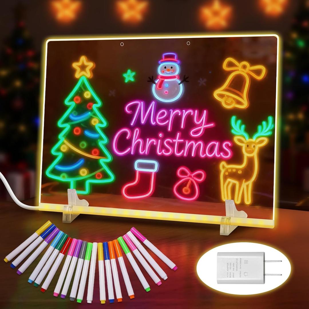 Lumiboard 20 Inch LED Drawing Board for Kids with 19 Highlighters, 4 Modes & 7 Colors, Light Up Sign, Acrylic Dry Erase Board with Stand, Adapter, Hanging Chain, Spray Bottle