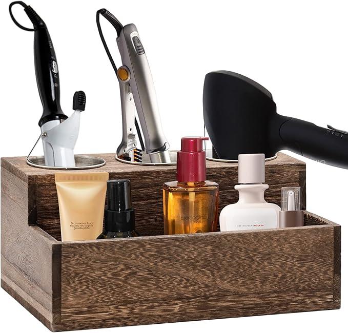 RJMKD Wooden Hair Dryer Holder - Rustic Hair Tools Organizer with 3 Circular Holes and 1 Compartment, Wooden Hair Accessories Organizer for Bathroom Vanity Countertop Storage Hair Dryer, Accessories