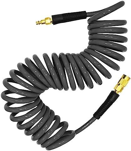 YOTOO Polyurethane Recoil Air Hose 3/8" Inner Diameter by 25' Long with Bend Restrictor, Repairable 1/4" Industrial Quick Coupler and Plug, Gray 2 pack YOTOO Polyurethane Recoil Air Hose 3/8" Inner Diameter by 25' Long with Bend Restrictor, Repairable 1/4" Industrial Quick Coupler and Plug, Gray 2 pack