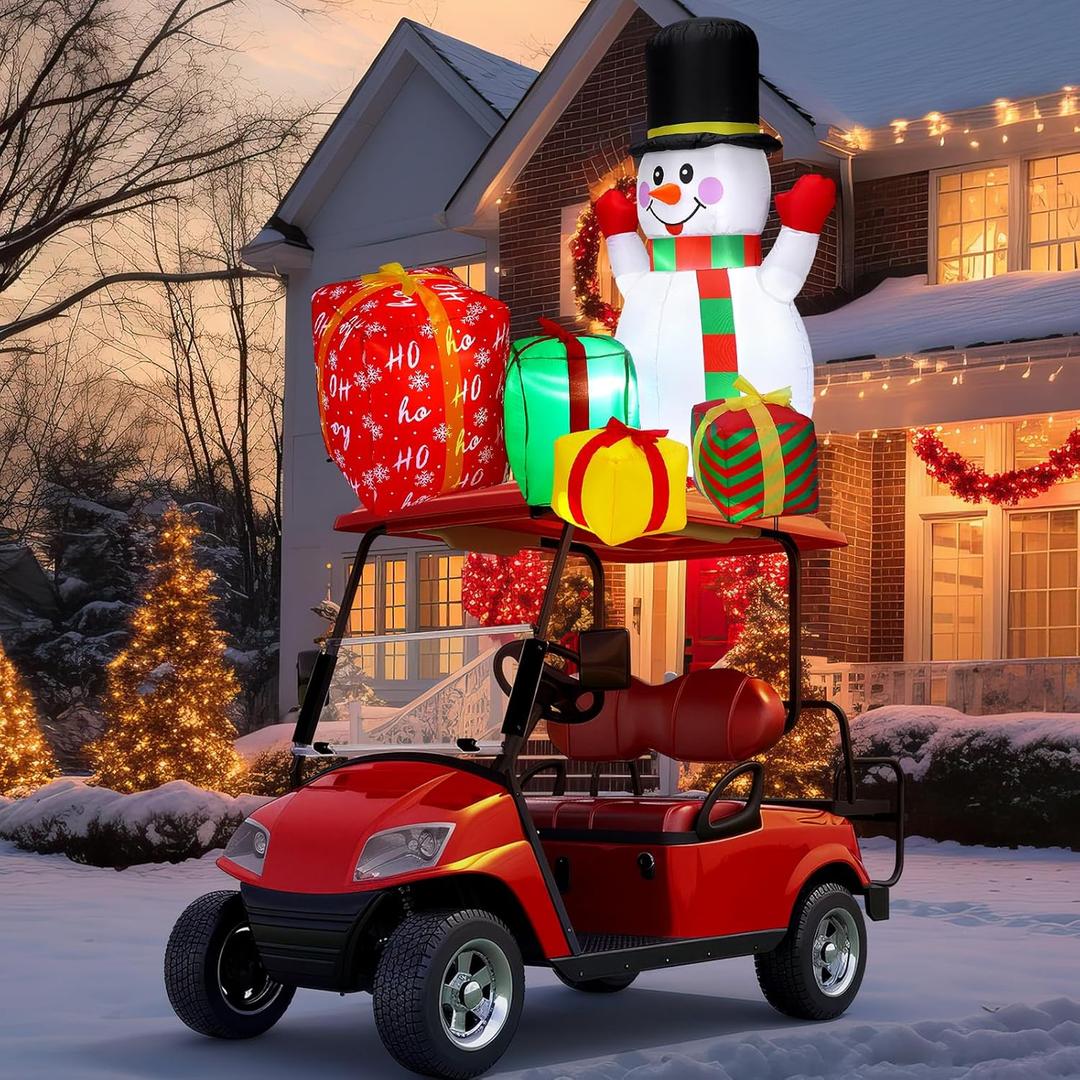 JellyArch 5 x 4 ft Large Inflatable Christmas Golf Cart Decoration with LED Lights Outdoor Christmas Blow Up Snowman Gift Box Santa Hat for Car Decor Xmas Holiday Vehicle Accessories
