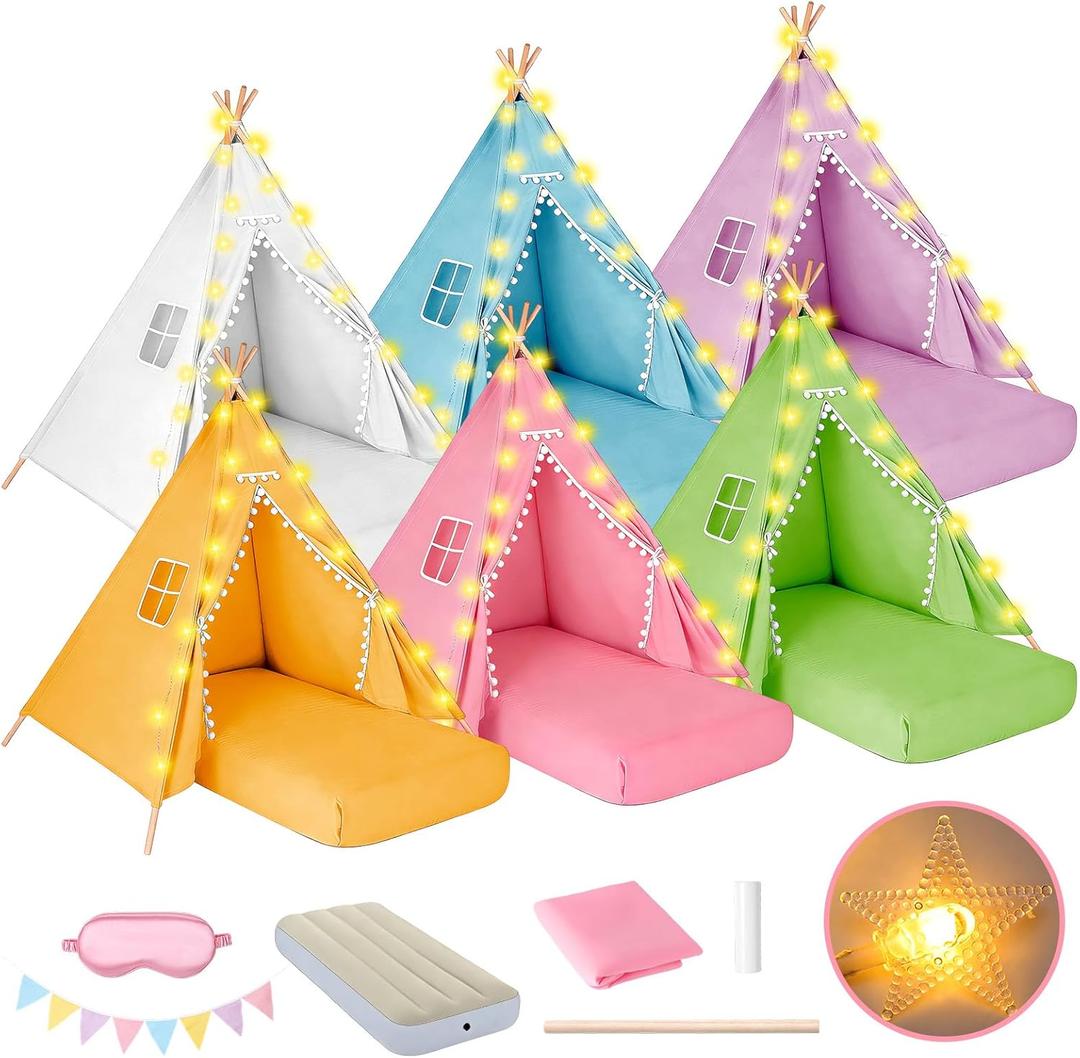 6 Pack Teepee Tent for Kids Sleepover Tent with 6 Air Mattresses (64"x28"), Star Lights, Eye Masks, Banners, Kids Teepee Tents for Boys Girls Indoor Outdoor Party Birthday Glamping (Colors)