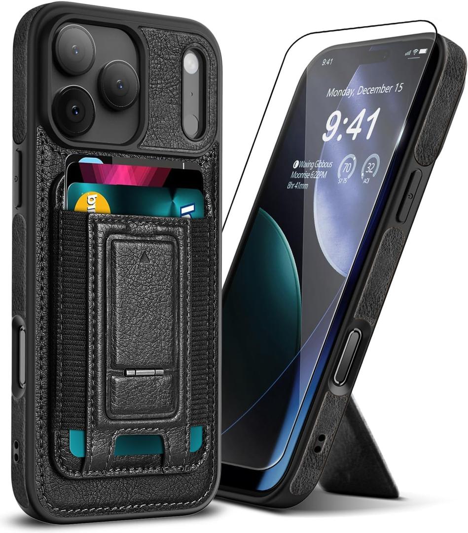 for iPhone 17 Pro Max Leather Case, Wallet Case with Card Holder (3 Cards) & Kickstand, Slim Protective Cover with Stand for iPhone 17 Pro Max 6.9"Black