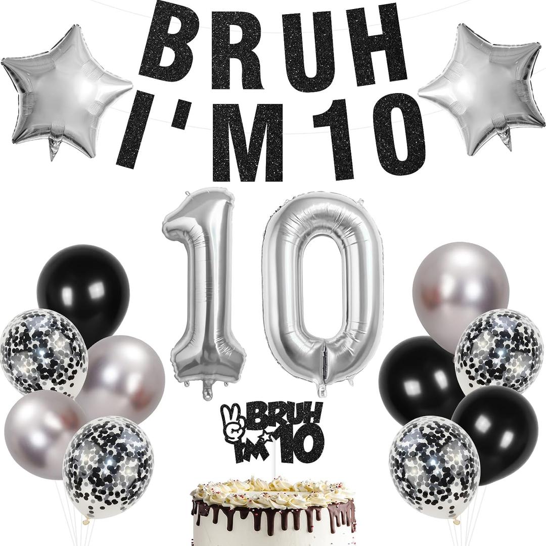 10th Birthday Decorations for Boys,Black Glitter Banner and Cake Topper, 32 inch Silver Number Balloons 1 and 0,and Black Silver Confetti Latex Balloons for 10th Birthday Party Supplies