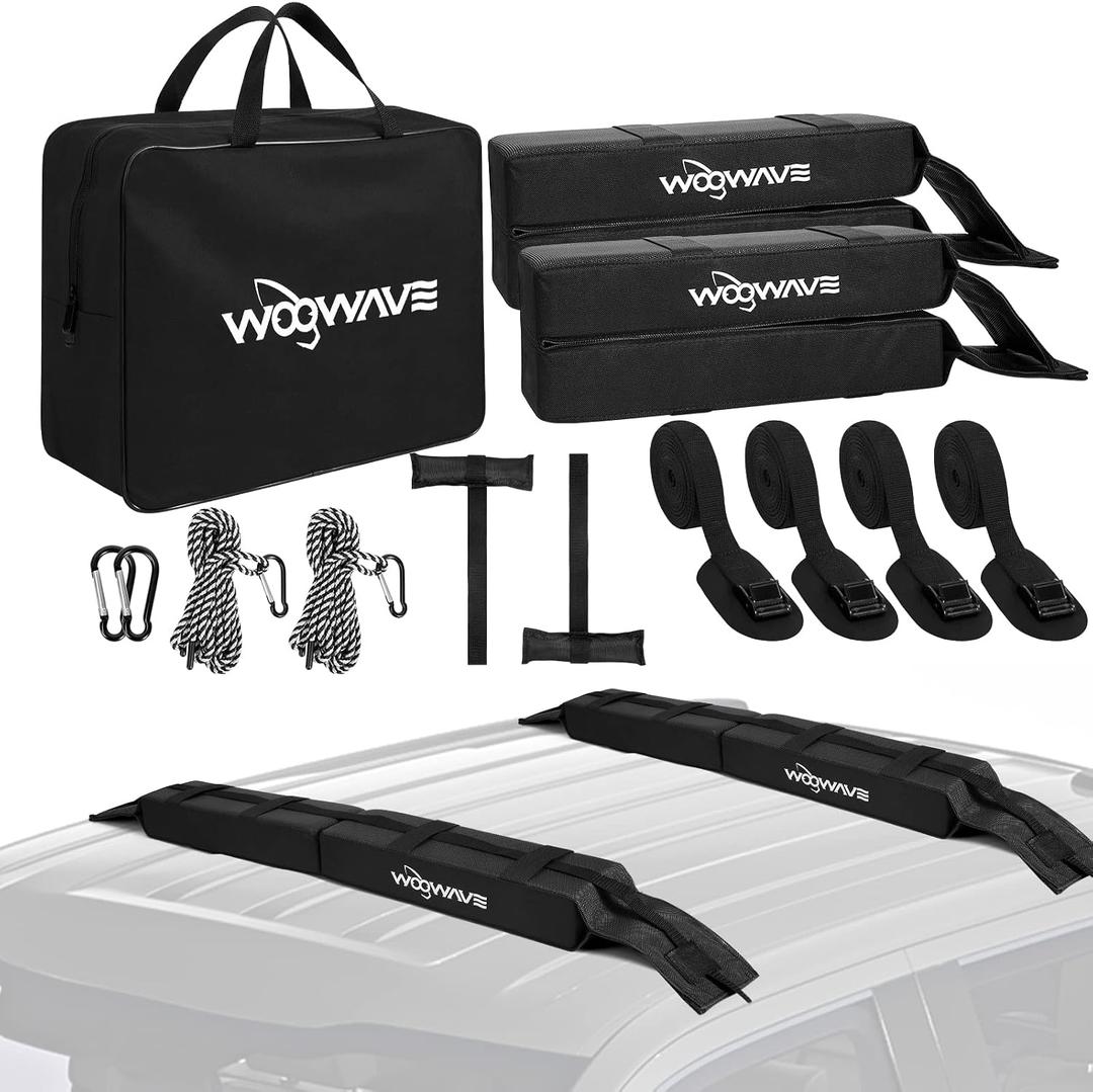 WOOWAVE Folding Kayak Soft Roof Rack Pads Universal Kayak Carrier Car Rack with 4 Tie Down Straps, 2 Tie Down Rope, 4 Carabiner, 2 Quick Loop Strap and Storage Bag for Canoe/Surfboard/Paddleboard/SUP