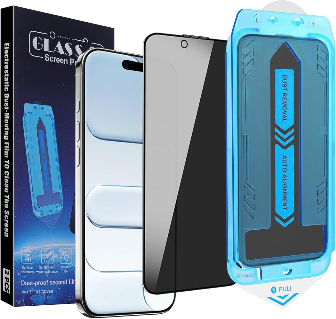 2-Pack Privacy Screen Protector for iPhone Air 6.5-inch, 9H Tempered Glass, Full Coverage, Anti-Fingerprint, Auto Dust-Elimination, No Bubble, Easy Installation