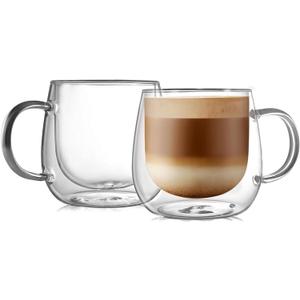 CNGLASS 16oz Double Walled Glass Coffee Mugs(2-pack),Large Clear Coffee Cups with Handle,Glass Espresso Mugs for Latte,Cappuccino,Tea