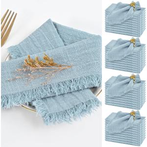 40 Packs Dusty Blue Cloth Napkins Cotton Linen Napkins Bulk 16.5 x 16.5Inch Handmade Gauze Napkins with Fringe, Natural Soft Cotton Rustic Dinner Napkins for Wedding Party Christmas Decoration