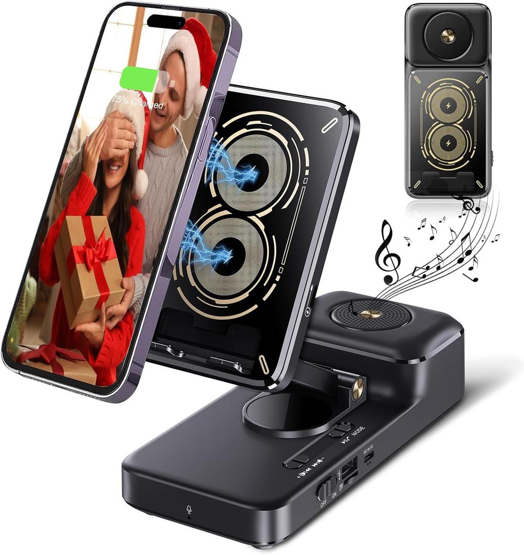 Gifts for Men Women, Bluetooth Speaker with Wireless Charging Phone Stand, HD Surround Sound Speaker, Cool Gadget Gifts for Men Women Dad Mom Birthday (Black)