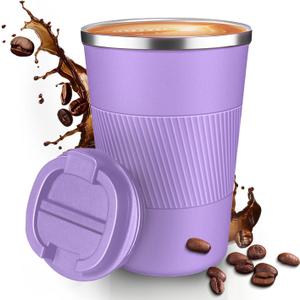12OZ Travel Coffee Mug Insulated Coffee Cup with Spill Leak Proof Lid, Portable Stainless Steel Tumbler Reusable Hot and Cold Water Mug for Car, Daily, Camping- Purple (12.8 Ounces)