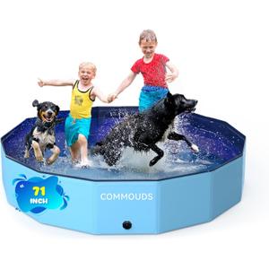 COMMOUDS Foldable Dog Pool, Collapsible Hard Plastic Dog Kiddie Swimming Pool, Portable Pet Bath Tub Wading Pools for Kids and Puppy Small Medium Large Dogs(71inch.D x 12inch.H)