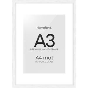 Homeforia A3 Picture Frame White Wood, High-End Oak 11.7 x 16.5 White Poster Frames Matted to 8.3 by 11.7 Photo, 11.7x16.5 Size Wooden Frame with Mat 8.3x11.7 Print, Tempered Glass, Wall Kit, Set of 1