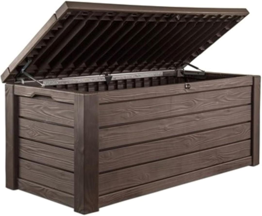  Keter Westwood 150 Gallon Deck Box Organizer, Doubles as 2-Person Bench Seat, Brown Large Resin Outdoor Storage and Seating with Lockable Lid for Garden, Pool, and Patio, Brown