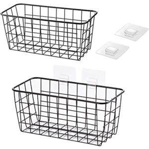 LeleCAT Hanging Kitchen Baskets For Storage Adhesive Sturdy Small Wire Storage Baskets with Kitchen Food Pantry Bathroom Shelf Storage No Drilling Wall Mounted,2 PACK,Black