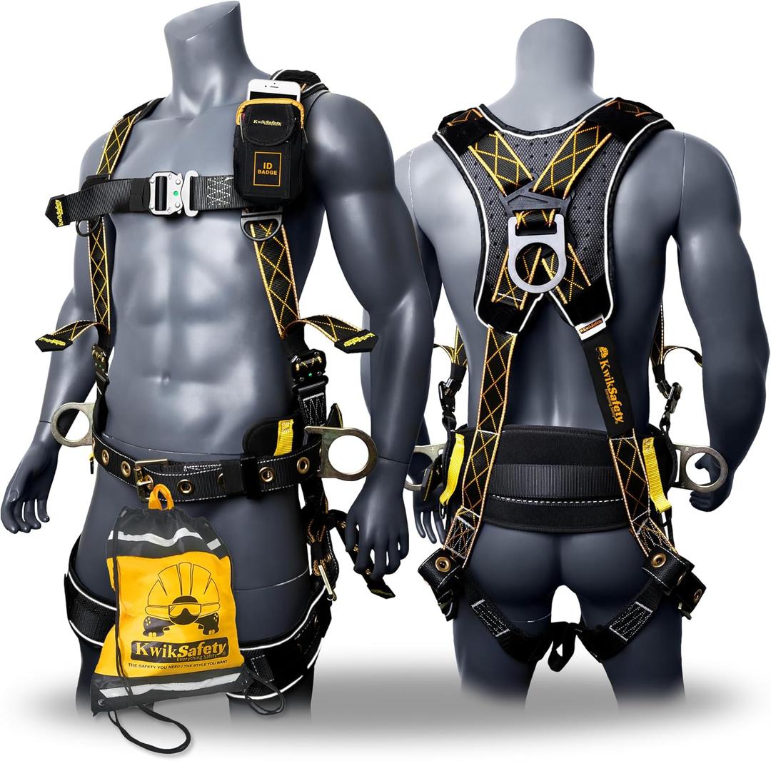 KwikSafety - Charlotte, NC - TYPHOON DiamondBACK Safety Harness [BACK SUPPORT + TONGUE BUCKLES] ANSI OSHA Premium 3 D-Ring Fall Protection Black Full Body Fall Arrest Construction Roofing Gear