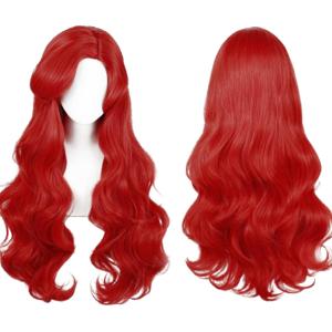 COSPLAZA Red Mermaid Long Wavy Curly Body Wave Wig Halloween Cosplay Costume Wigs for Women Side Parted with Bangs
