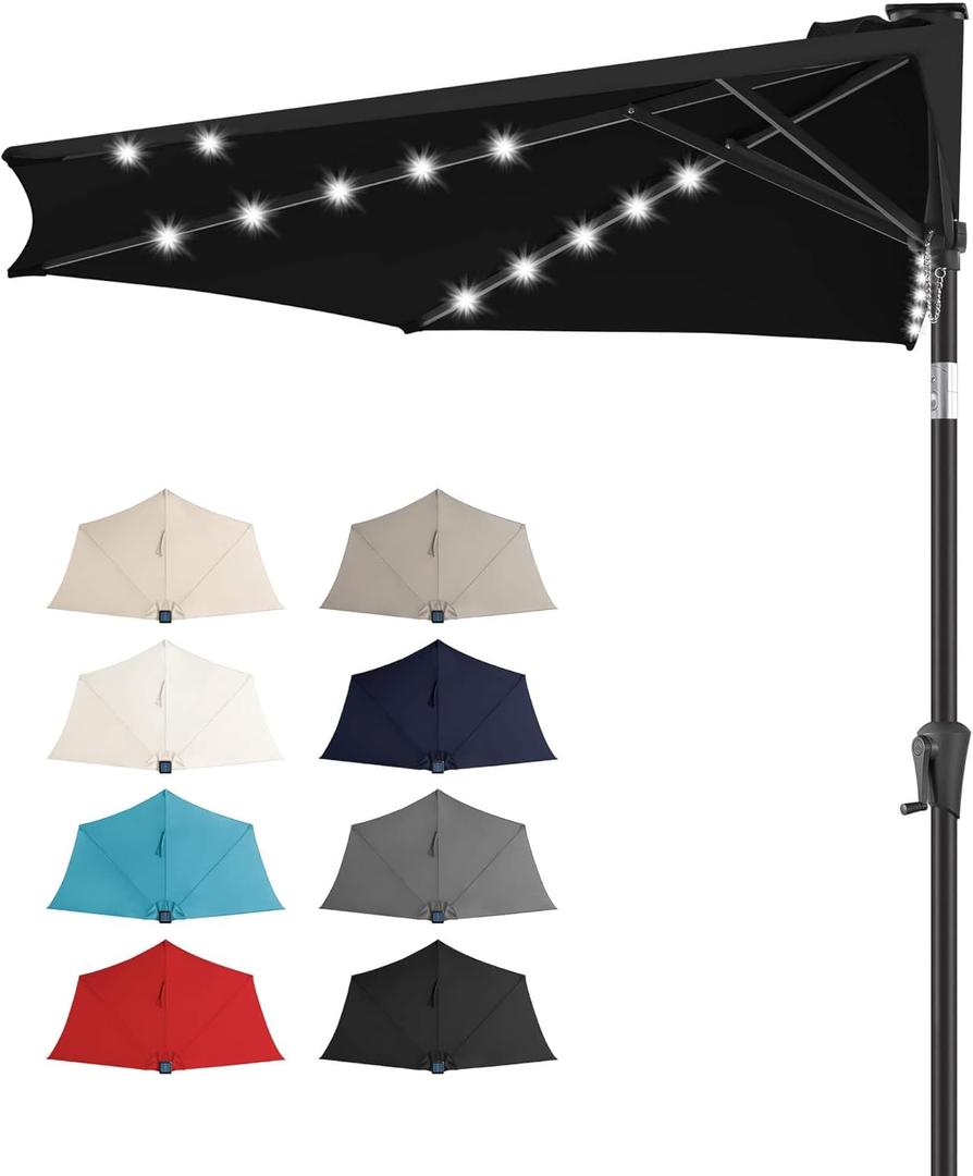 FLAME&SHADE 9 FT Solar Half Patio Umbrella with 25 LED Lights, Half Outdoor Umbrella with Button Tilt, Half Round Table Umbrella For Deck, Backyard, Balconies, Decks, Rvs, UV Protection (Black)