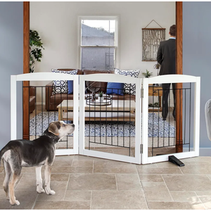 ZJSF Freestanding Dog Fence Indoor, Foldable Dog Gate for Doorways, Stairs or Hallways, Sturdy Wood Extra Wide Pet Gate with Support Feet for The House, White, 24 "Height-3 Panels, 60''W x 24''H