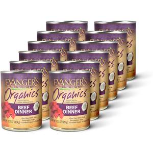 Evanger's Organics Beef Dinner for Dogs 12 Count, 12.5 oz Each Qualified Organic, Grain Free, GMO Free Nutrient-Dense Recipe with Organic Vegetables Wet Dog Food (EXP 06/30/29)