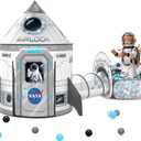 3Pcs Kids Rocket Play Tent for Boys: Pop Up Toddlers Spaceship Playhouse with Baby Crawl Tunnel, Ball Pit and Castle Tent - Children Game Tent Toys Indoor and Outdoor for Birthday