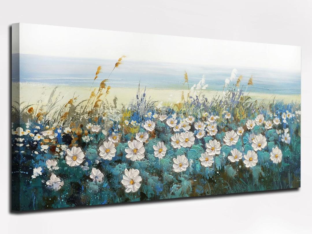 Arjun Flower Wall Art for Living Room, Teal Bedroom Canvas Daisy Floral Painting Landscape Picture Artwork Large Textured Office Home Dining Room Kitchen Wall Decor 40"x20."