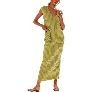 SCUSTY Women's 2 Piece Sweater Skirt Sets Sleeveless V Neck Knit Ribbed Vest Tops Midi Skirt (Lemonyellow, X-small)