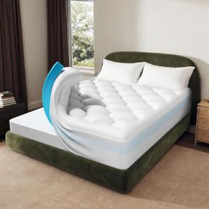 OhGeni Cooling 4 inch Dual Layer King Mattress Topper, 2 inch Cooling Gel Memory Foam, 2 inch Down Alternative Pillow Top Pad, Mattresses Cover for Bed, Medium Support, Fits 6-19 Deep Pocket (White)