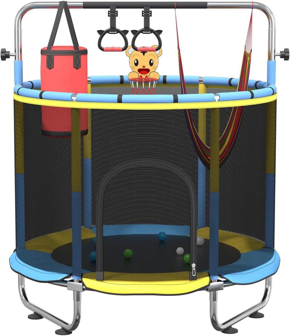 60" Trampoline for Kids,5FT Adjustable for Toddler Trampoline with Enclosure Net,Trampolines Indoor/Outdoor with Basketball Ball& Toys for Boys & Girls