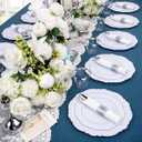 Liacere 350PCS Silver Plastic Plates-Disposable White and Silver Plates 50guest Baroque Plastic Dinnerware Set include 100Plates, 50Pack Pre Rolled Napkins with Silverware 50Cups Perfect for Wedding