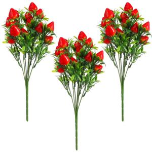 DOITOOL 3Pcs Simulated Strawberry Plant Decor 10.5 inch Long Stem Strawberry Branches, Artificial Strawberry Plants
