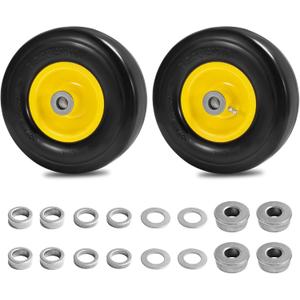 Parts Camp 9x3.50-4" Flat Free Tire and Wheel Lawnmower Tire, front zero turn mower/garden tractors/wheelbarrows/garden carts Tires With 3/4" & 5/8" Bushing,3.5"-4" Centered Hub (Set of 2)