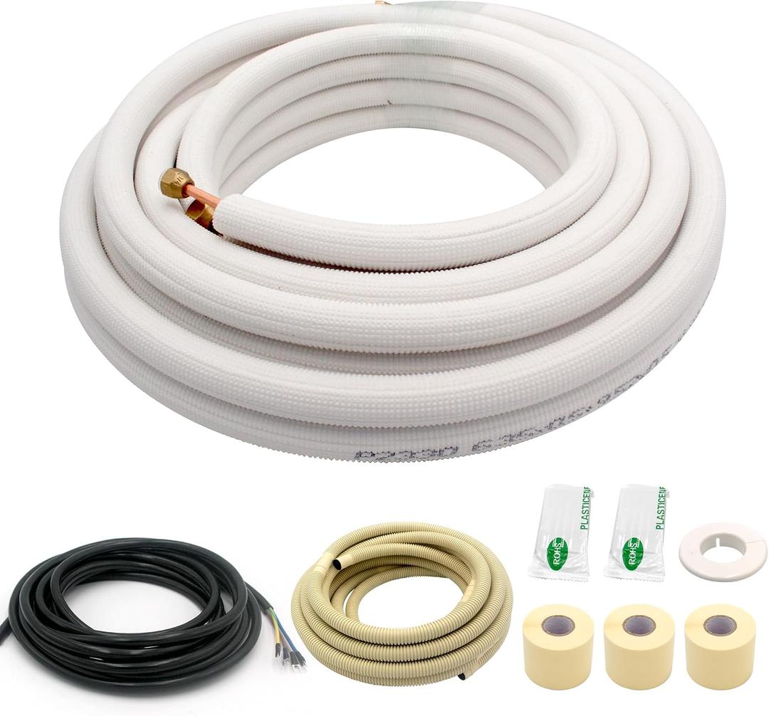 25FT Mini Split Line Set 1/4*3/8 OD HVAC Copper Tube Pipe Extension,3/8 Thickened PE Insulation Coil Air Conditioner Twin Copper Line Heating Equipment Hose with Flared Nuts (25FT (1/4+3/8) with wire)