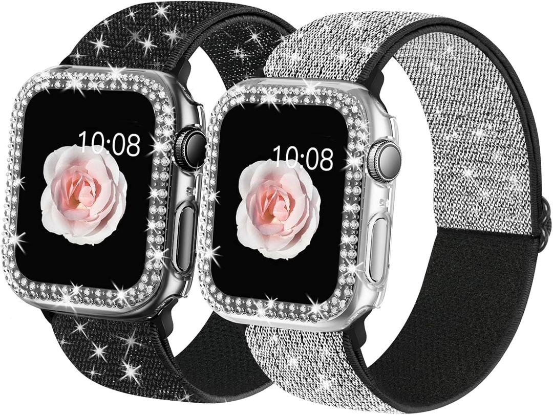 2 Pack Bling Stretchy Watch Bands Compatible with Apple Watch Band 40mm 41mm 44mm 45mm iWatch Series 11 10 9 8 7 6 5 4 SE, Adjustable Nylon Wristband with Shiny Case for Women Girls (Black Silver/Black)