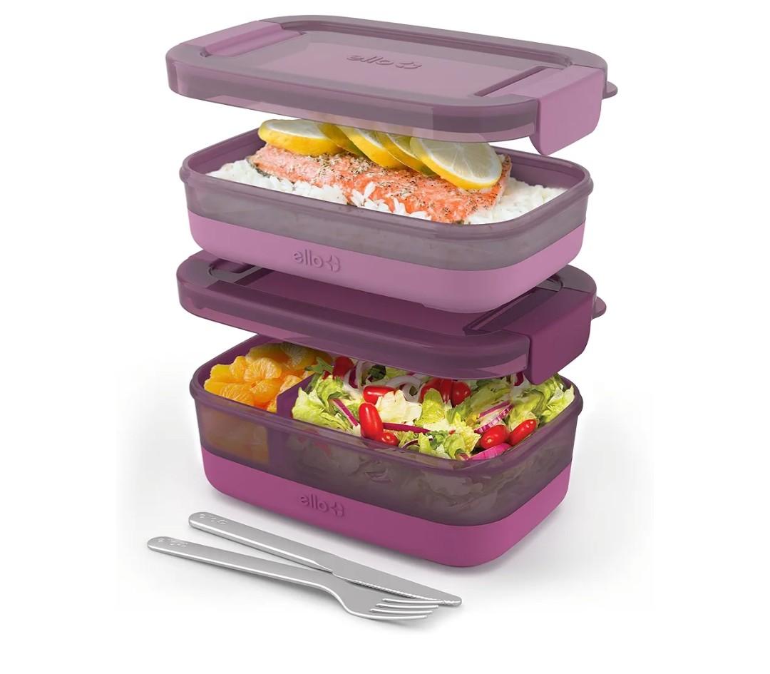Ello 2-Pack Lunch Stack Plastic Food Storage Container Bento Box with Airtight, Leak-Proof Locking Plastic Lids and Silicone Base, BPA-Free, Freezer, Microwave, and Dishwasher Safe, Raspberry