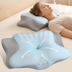 Ylekto Cervical Neck Pillow for Pain Relief - Contour Memory Foam Pillows for Sleeping, Ergonomic Pillow Side Sleeper Pillow for Neck Support, Orthopedic Bed Pillow for Sleepers (Blue & Grey)