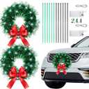 2 Pieces 13 Inch Car Christmas Wreath with 20 Small White Light Christmas Car Decoration with Red Bow and Battery Case for SUV Decorations Winter Hoilday, White