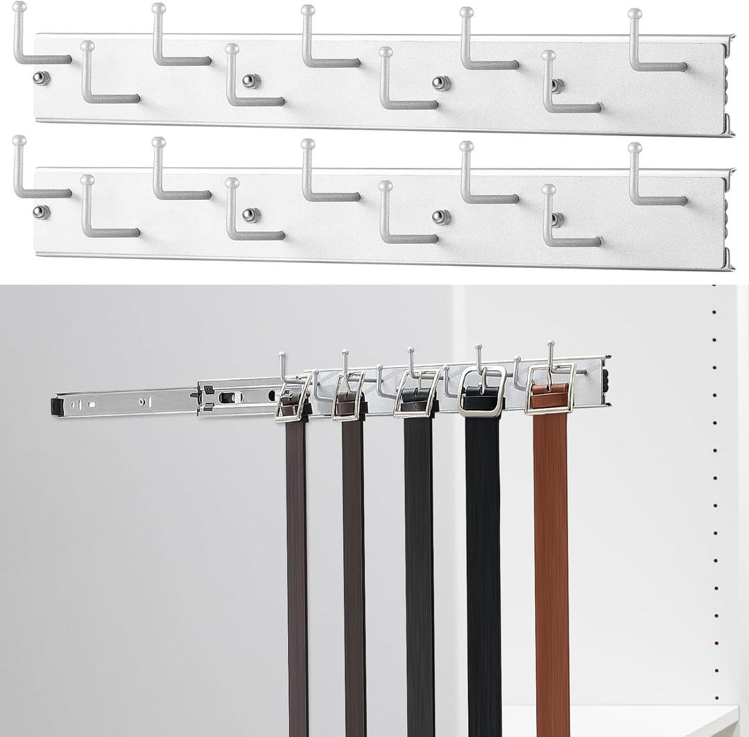 Blulu 2 Pcs Sliding Tie Rack Hanger for Closet, 9 Tie Pull Out Wall Mount Extending Sturdy Metal Belt Organizer Holder for Men Belt Storage, 13.8'' x 1.7'', Sliver