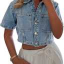 POTILI Women's Denim Top, Short Sleeve Cropped Denim Jacket Button Down Casual Jean Jacket Shirt with Pocket (Blue, XL)