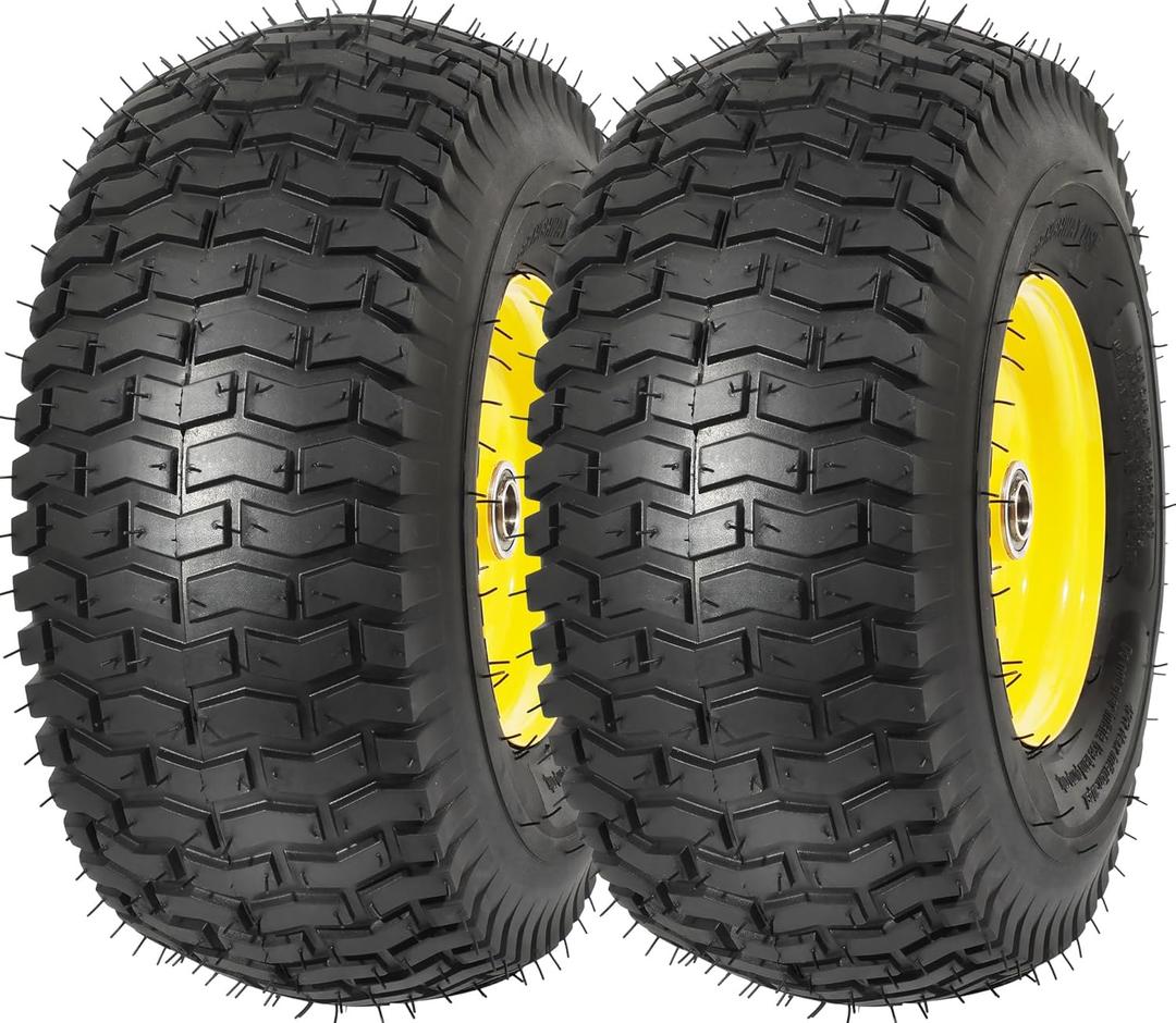 15x6.00-6nhs Lawn Mower Tires and Wheels, Riding Lawn Mower and Garden Tractor Front Pneumatic Tire Replacement Assembly, Easy to Install, 500Lbs Load, 3" Offset Hub, 3/4" Bearing, 2Pack Yellow