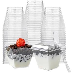 HOMIP 60Pack 4 oz Dessert Cups with 80 Lids and 60 Spoons, Mini Plastic Parfait Cups for Parties, Clear Square Cups for Appetizer Cake Ice-cream