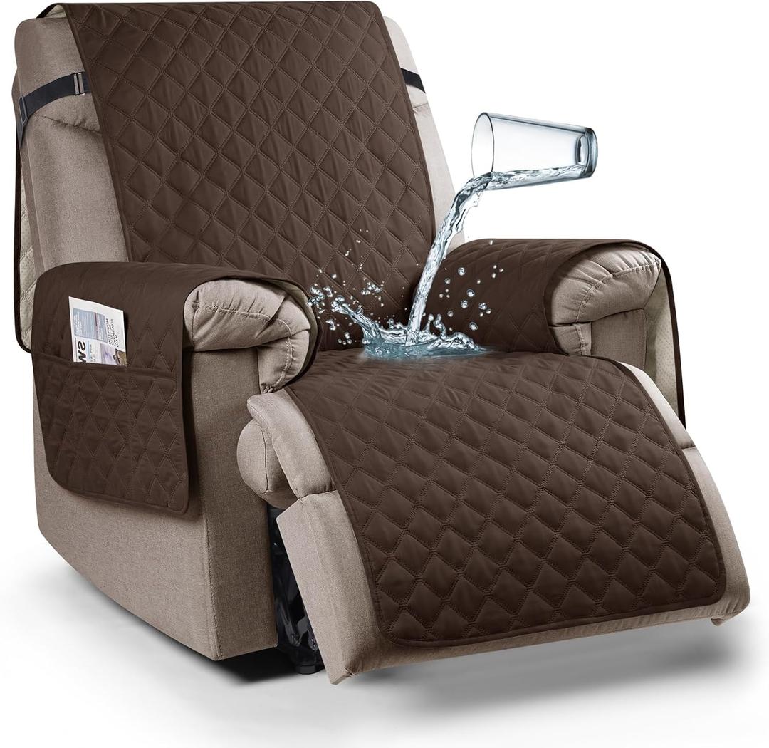 Ruaozz 100% Waterproof Recliner Chair Covers, Non-Slip Reclining Covers for Recliner Chair Washable Chair Cover, Recliner Covers with Pockets for Kids, Dogs, Pets (Dark Brown, 23'')